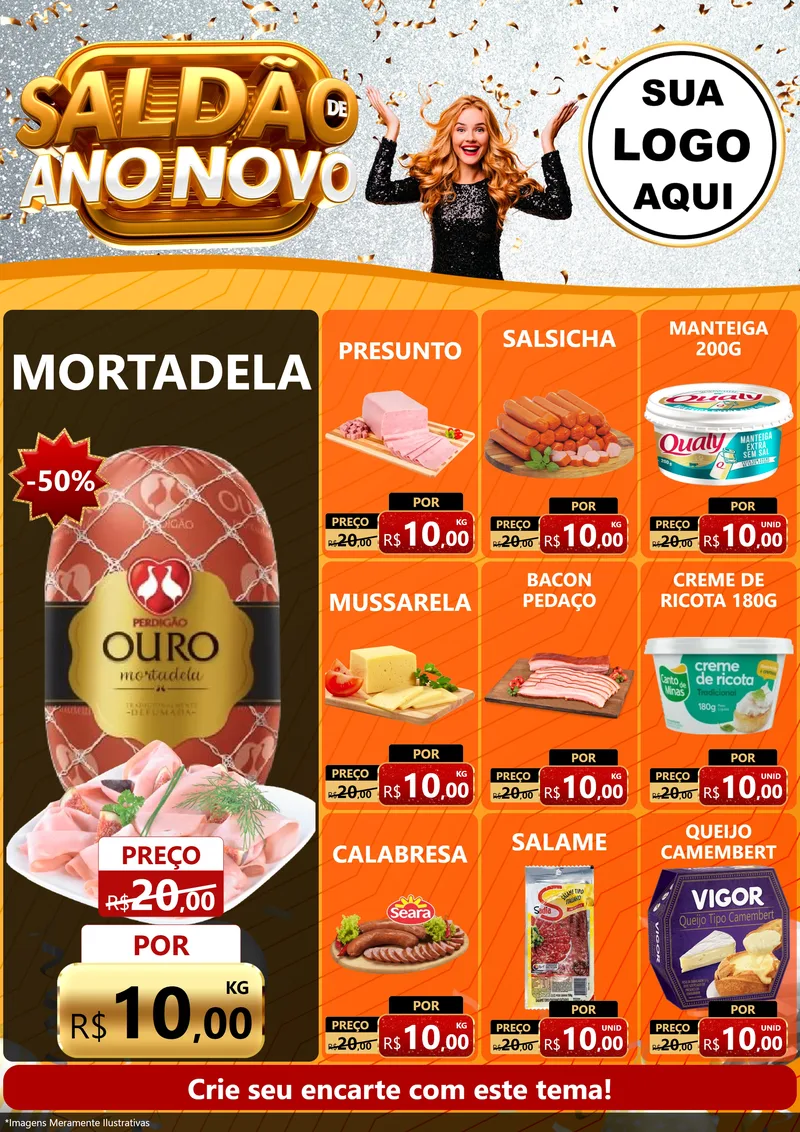 Modelo de Encarte para Encarte A4 Vertical com o tema Saldão de Ano Novo para Frios e Laticínios