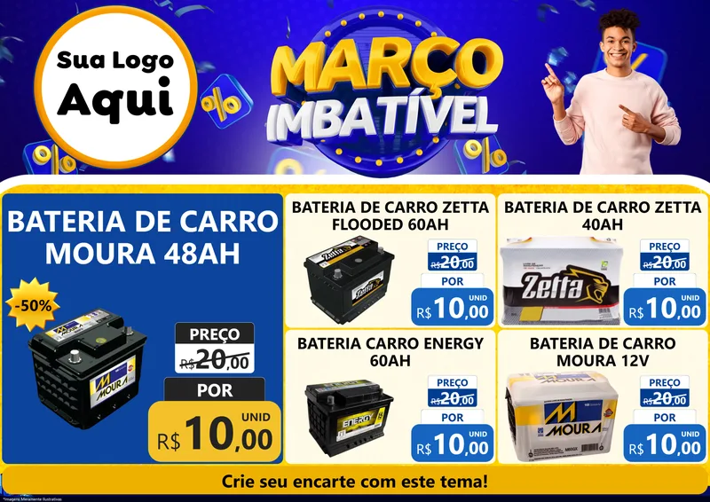 Modelo de Encarte para Encarte A4 Horizontal com o tema Março Imbatível para Baterias Elétricas