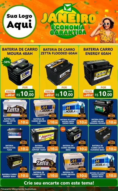Modelo de Encarte para Encarte Grande com o tema Janeiro - Economia Garantida para Baterias Elétricas