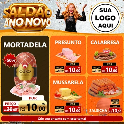 Modelo de Rede Social para Feed Facebook com o tema Saldão de Ano Novo para Frios e Laticínios