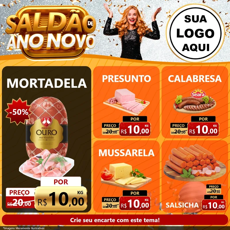 Modelo de Rede Social para Feed Facebook com o tema Saldão de Ano Novo para Frios e Laticínios