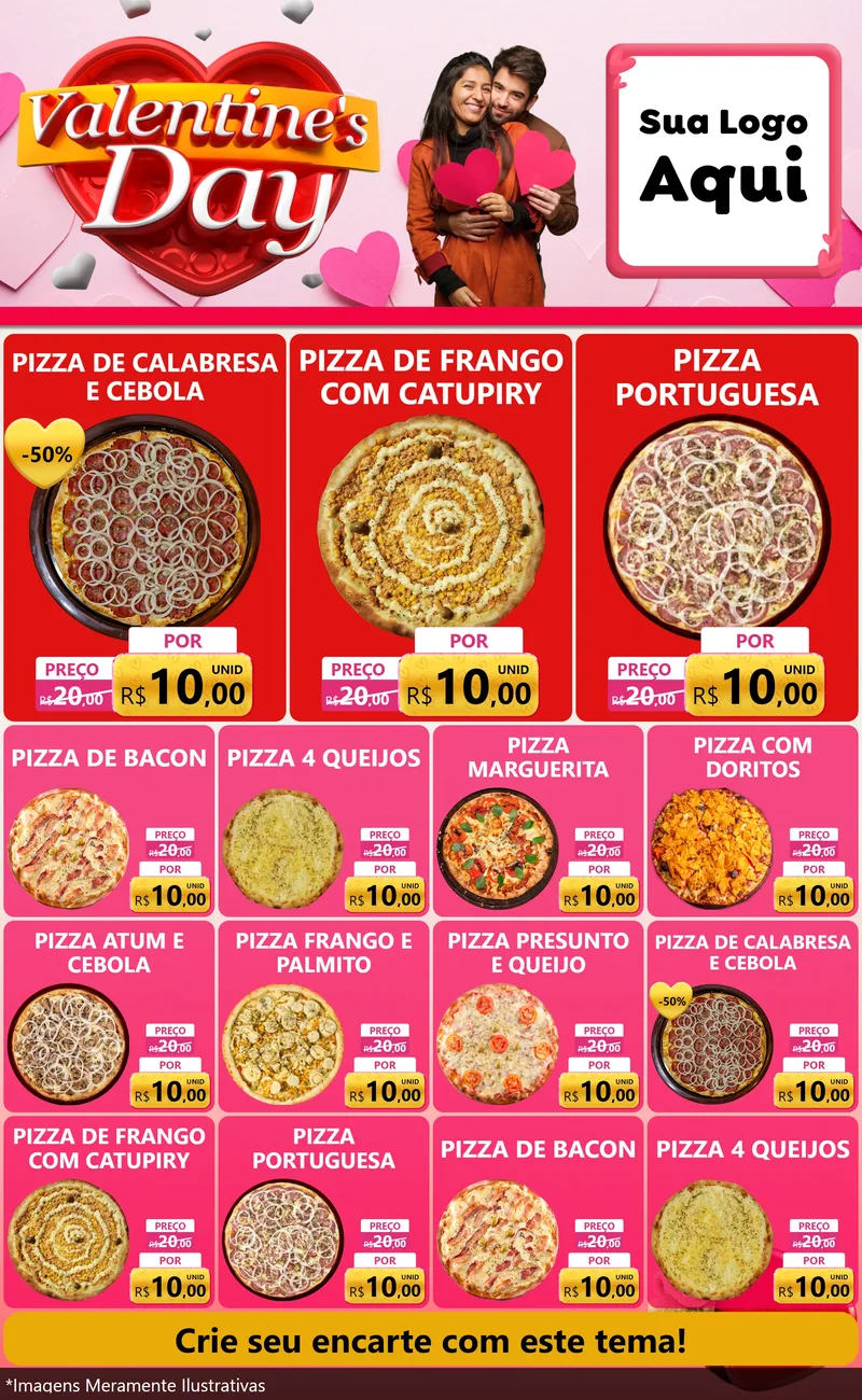 Modelo de Encarte para Encarte Grande com o tema Valentine's Day para Pizzaria