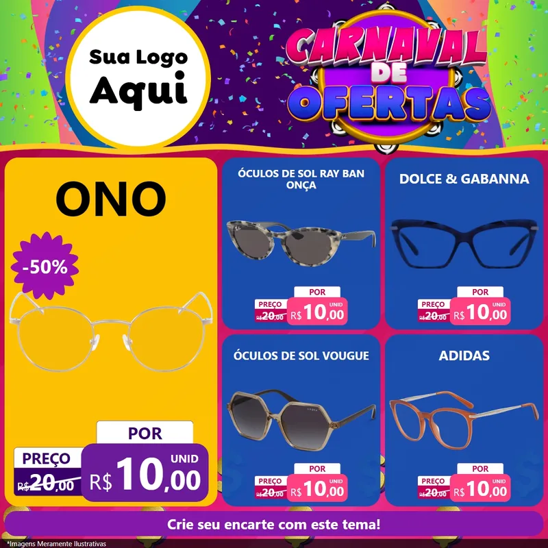 Modelo de Rede Social para Feed Facebook com o tema Carnaval de Ofertas para Óticas