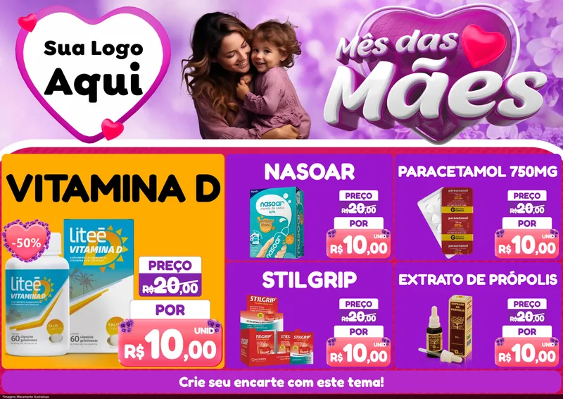 Modelo de Encarte para Encarte A4 Horizontal com o tema Mês das Mães para Farmácia
