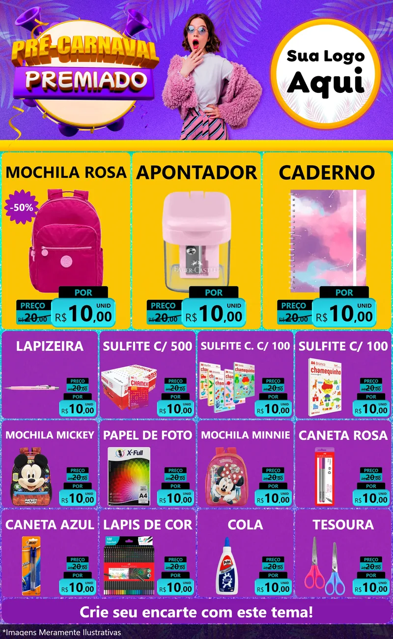 Modelo de Encarte para Encarte Grande com o tema Pré-Carnaval Premiado para Papelaria