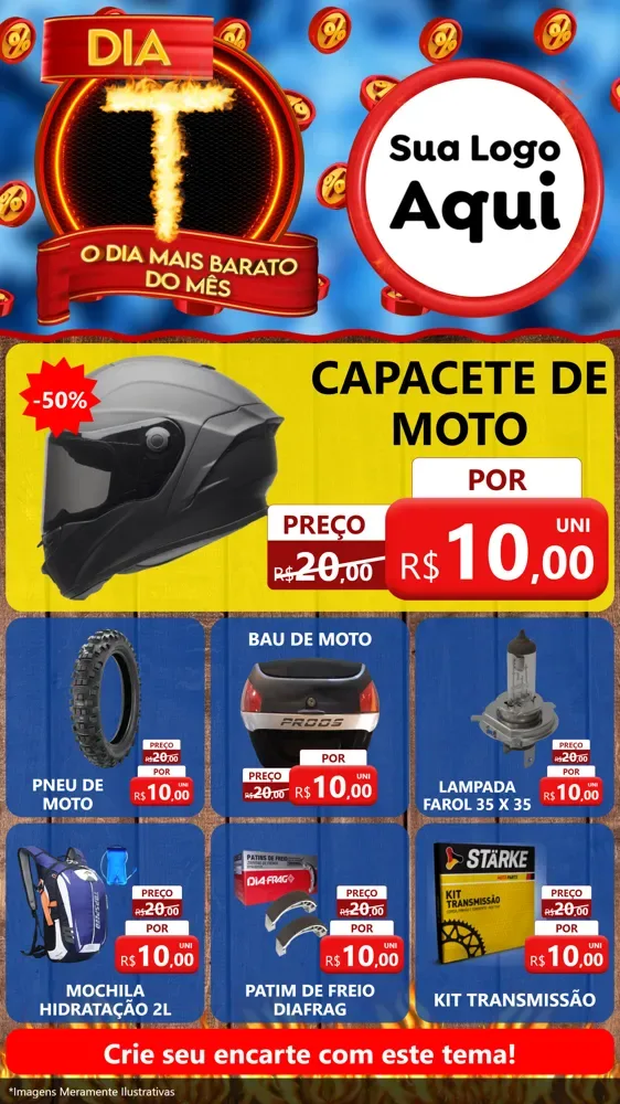 Modelo de Rede Social para Stories com o tema Dia T - O Dia Mais Barato Do Mês para Moto peças