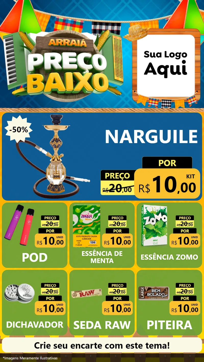 Modelo de Rede Social para Stories com o tema Arraiá de Preço Baixo - Junina para Tabacaria
