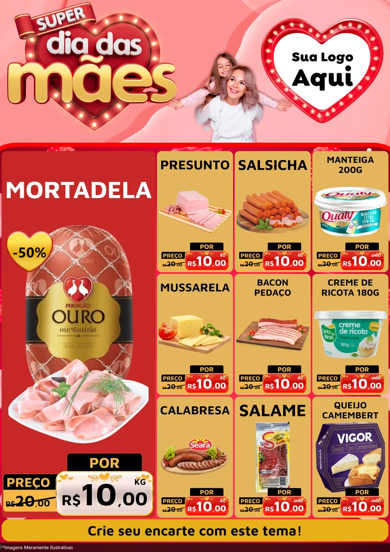 Modelo de Encarte para Encarte A4 Vertical com o tema Super Dia Das Mães para Frios e Laticínios