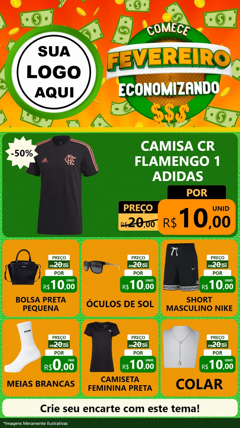 Modelo de Rede Social para Stories com o tema Comece Fevereiro Economizando para Roupas e acessórios