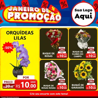 Modelo de Rede Social para Feed Facebook com o tema Janeiro de Promoção para Floricultura e jardim