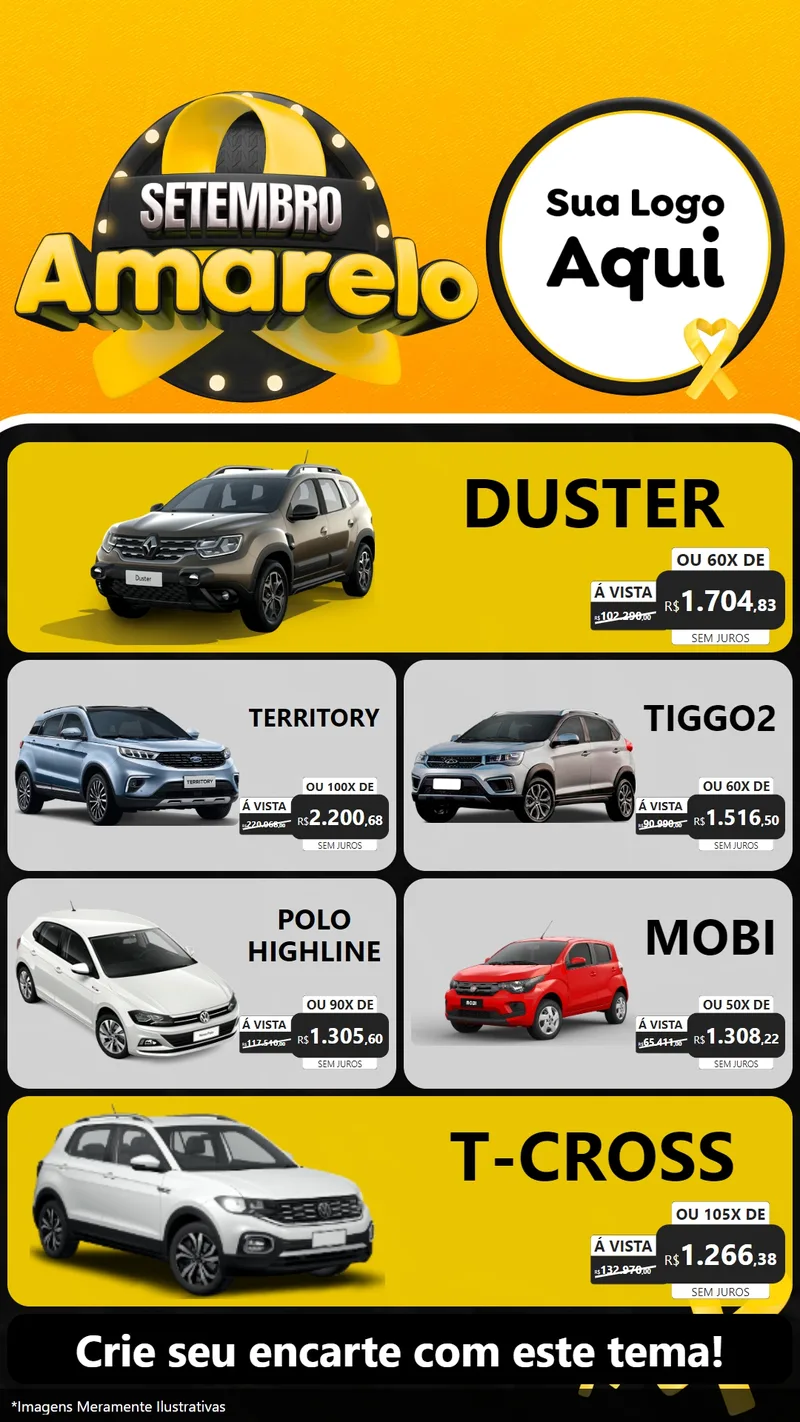 Modelo de TV para TV Vertical com o tema Setembro Amarelo para Concessionaria de Carros