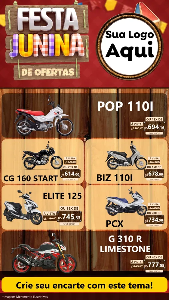 Modelo de TV para TV Vertical com o tema Festa Junina de Ofertas para Concessionaria de Motos