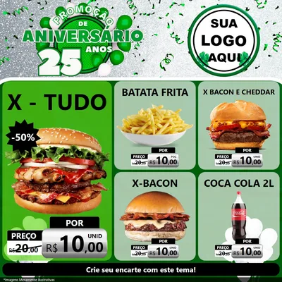 Modelo de Rede Social para Feed Facebook com o tema Promoção de Aniversário - 25 Anos para Hamburgueria