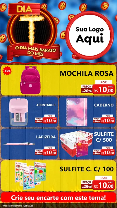 Modelo de TV para TV Vertical com o tema Dia T - O Dia Mais Barato Do Mês para Papelaria
