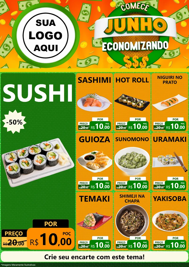Modelo de Encarte para Encarte A4 Vertical com o tema Comece Junho Economizando para Comida japonesa