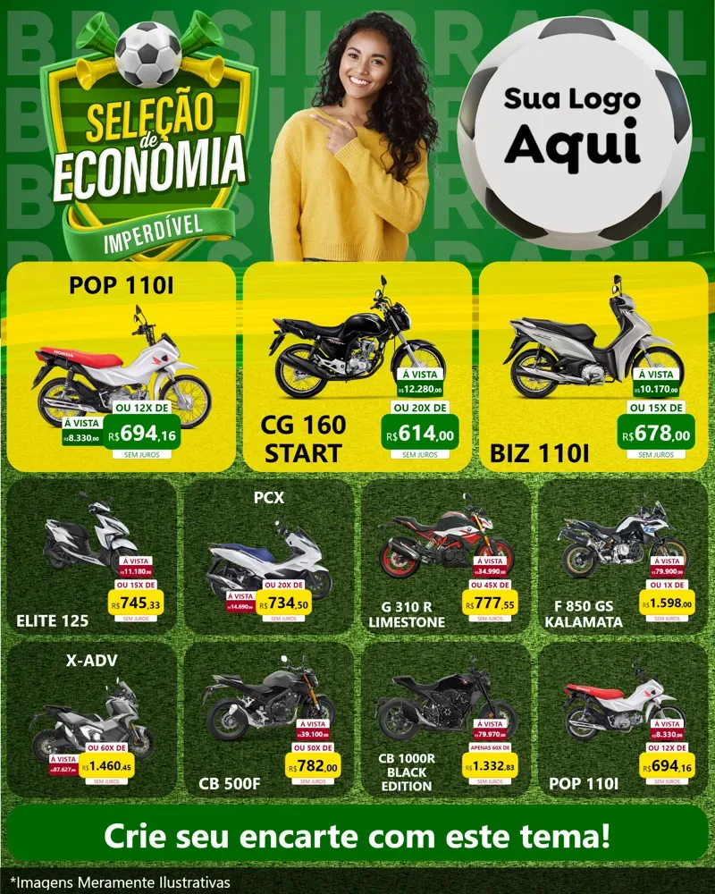 Modelo de Rede Social para Feed Instagram com o tema Seleção de Economia - Copa para Concessionaria de Motos
