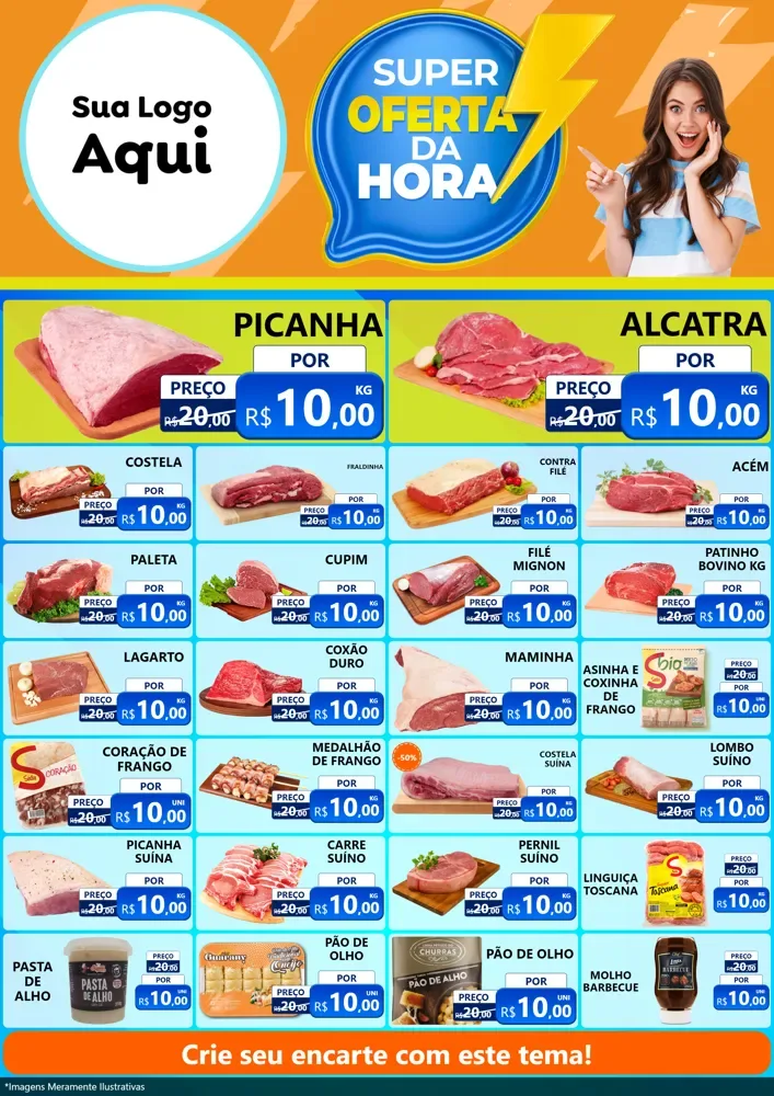 Modelo de Encarte para Encarte A4 Vertical com o tema Super Oferta da Hora para Açougue