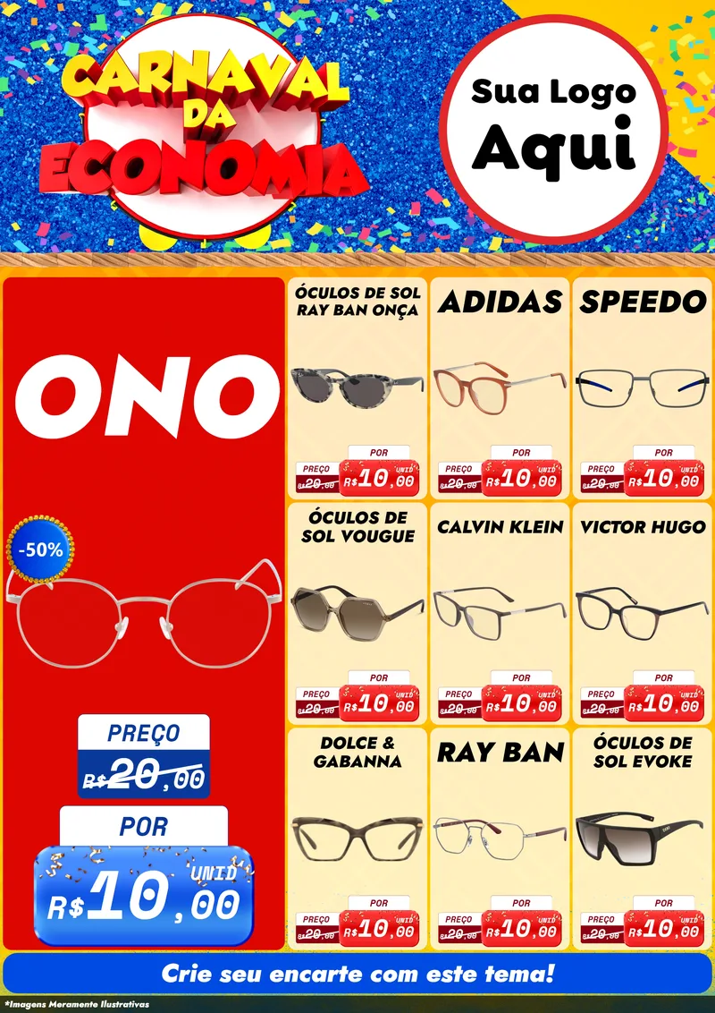 Modelo de Encarte para Encarte A4 Vertical com o tema Carnaval da Economia para Óticas
