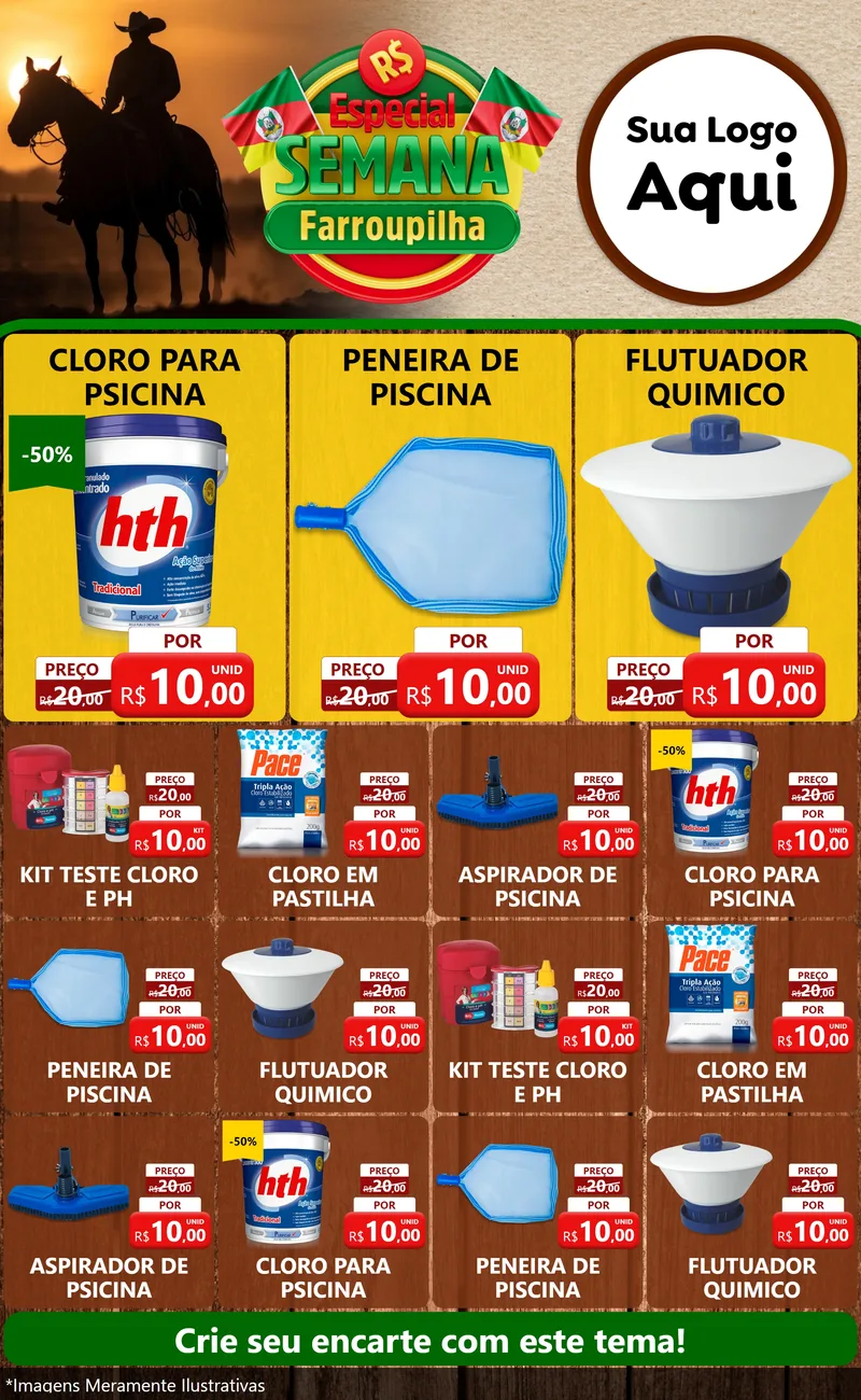Modelo de Encarte para Encarte Grande com o tema Especial Semana Farroupilha para Produtos para Piscina