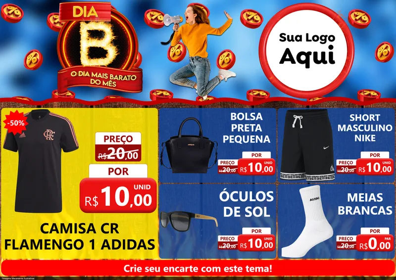 Modelo de Encarte para Encarte A4 Horizontal com o tema Dia B - O Dia Mais Barato Do Mês para Roupas e acessórios