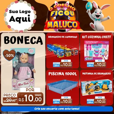 Modelo de Rede Social para Feed Facebook com o tema O Coelho Ficou Maluco - Páscoa para Brinquedos