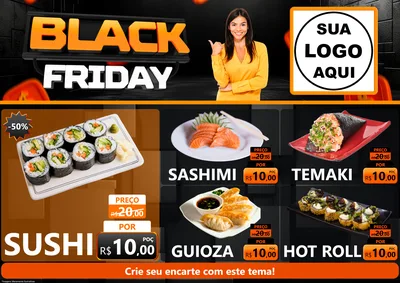 Modelo de Encarte para Encarte A4 Horizontal com o tema Black Friday para Comida japonesa