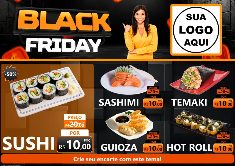 Modelo de Encarte para Encarte A4 Horizontal com o tema Black Friday para Comida japonesa