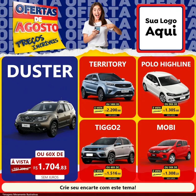 Modelo de Rede Social para Feed Facebook com o tema Ofertas de Agosto - Preços Incríveis para Concessionaria de Carros