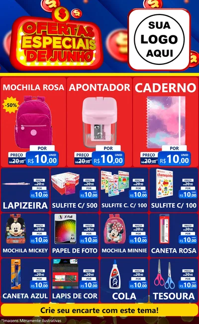 Modelo de Encarte para Encarte Grande com o tema Ofertas Especiais de Junho para Papelaria