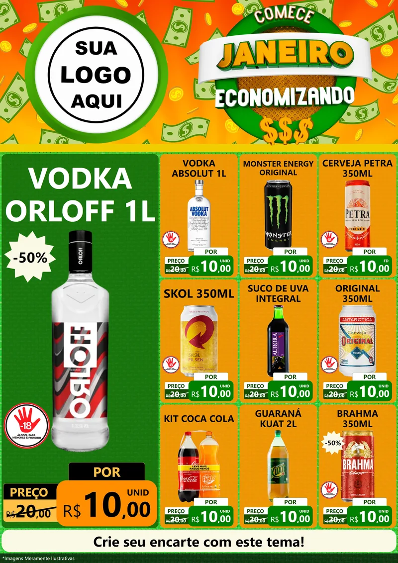 Modelo de Encarte para Encarte A4 Vertical com o tema Comece Janeiro Economizando para Distribuidora de bebidas