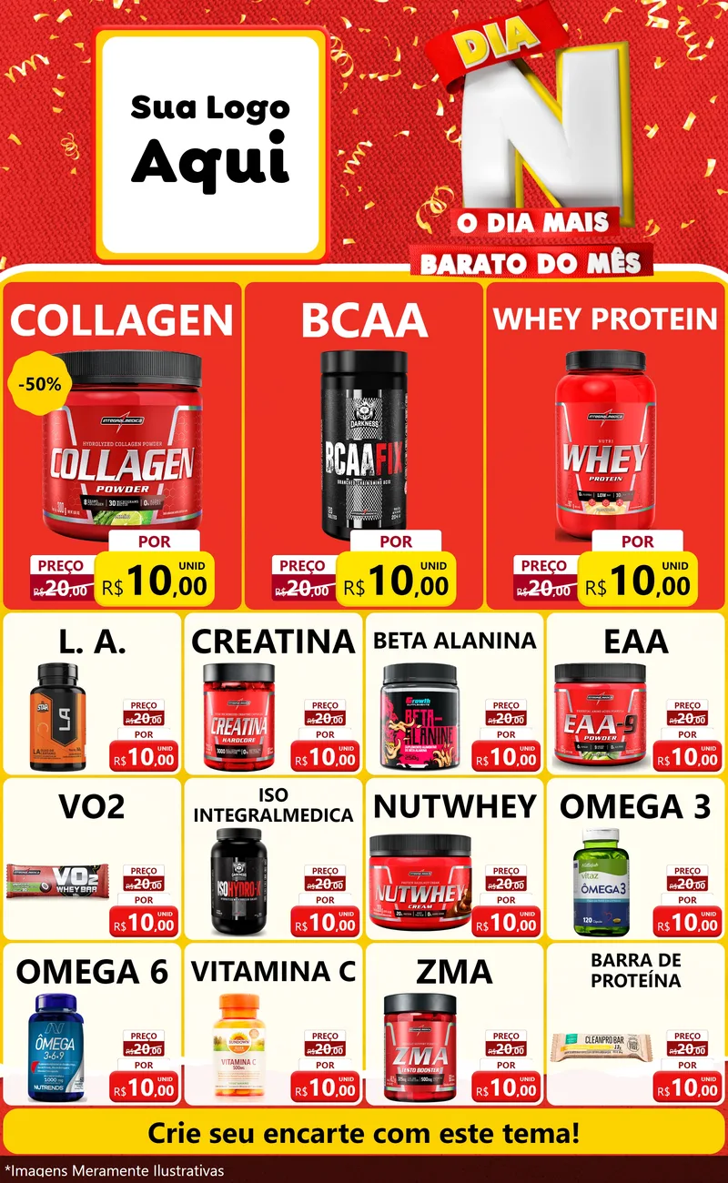 Modelo de Encarte para Encarte Grande com o tema Dia N o Dia Mais Barato do Mês para Suplementos alimentares
