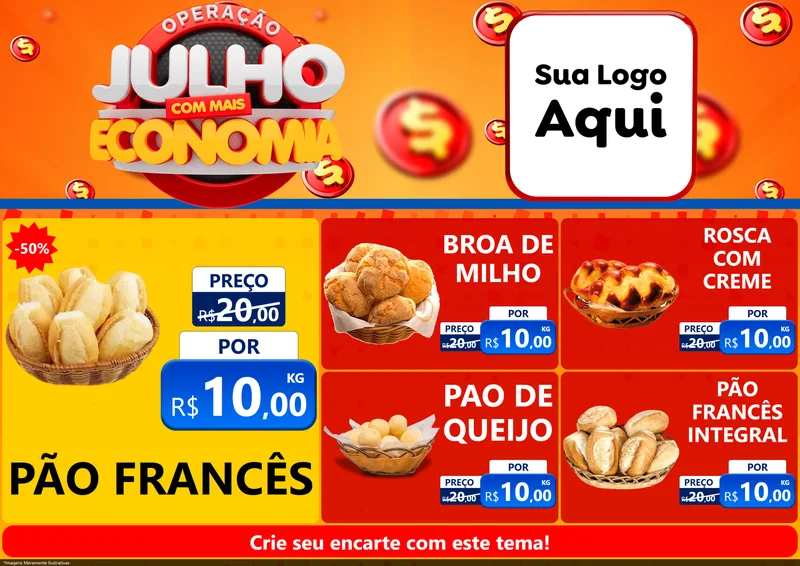 Modelo de Encarte para Encarte A4 Horizontal com o tema Operação Julho Com Mais Economia para Padaria