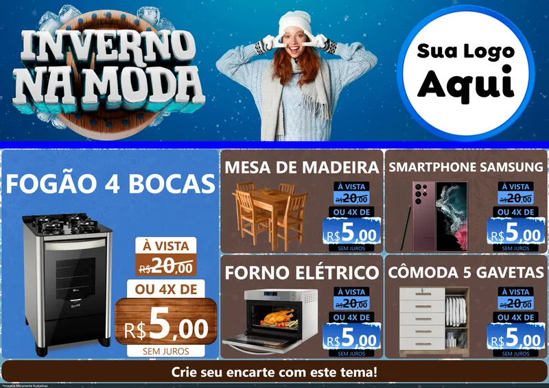 Modelo de Encarte para Encarte A4 Horizontal com o tema Inverno na Moda para Móveis e Eletro