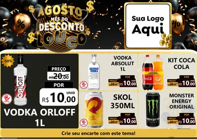 Modelo de Encarte para Encarte A4 Horizontal com o tema Agosto Mês do Desconto Louco para Distribuidora de bebidas