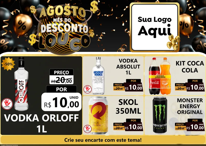 Modelo de Encarte para Encarte A4 Horizontal com o tema Agosto Mês do Desconto Louco para Distribuidora de bebidas