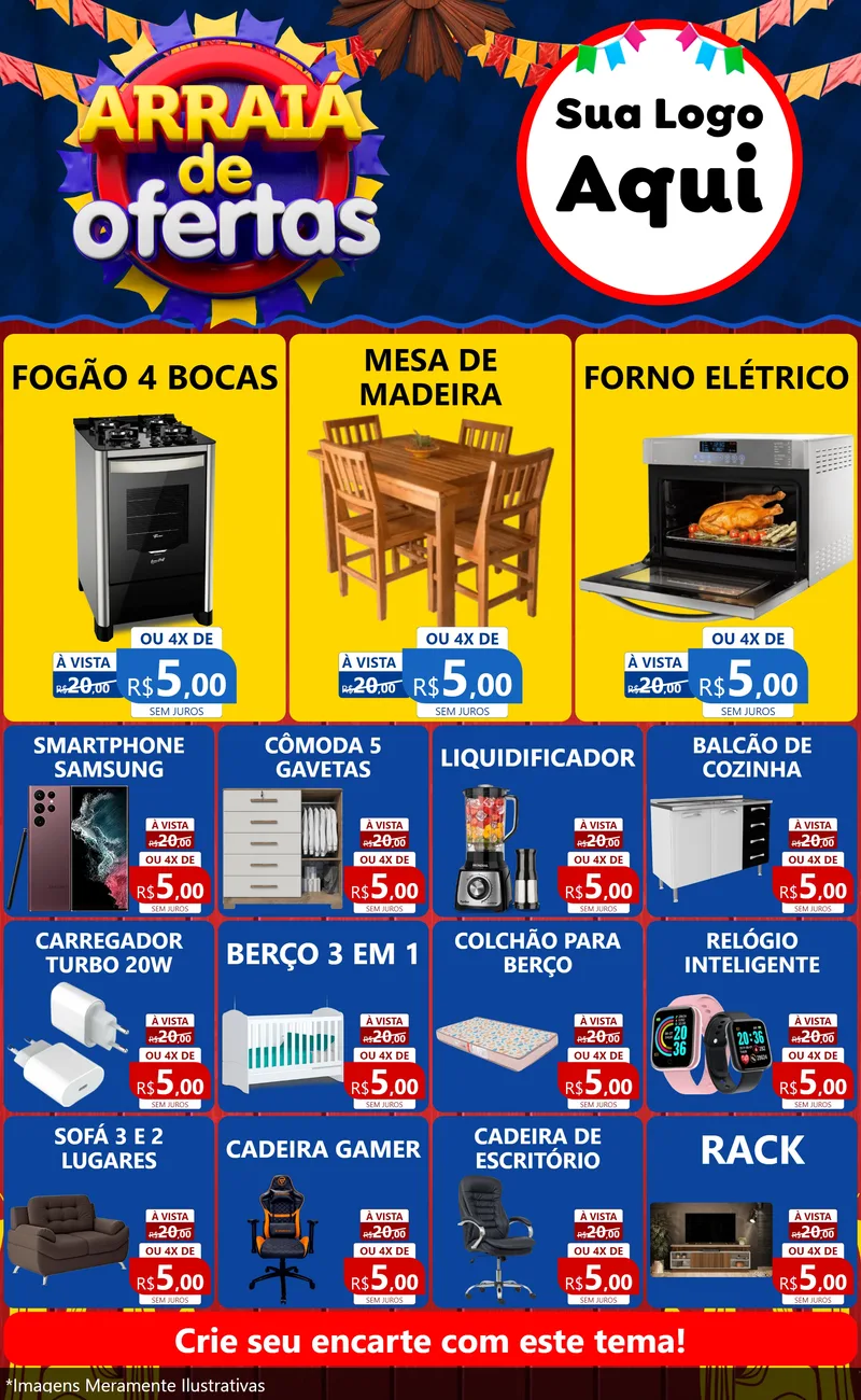 Modelo de Encarte para Encarte Grande com o tema Arraiá de Ofertas para Móveis e Eletro