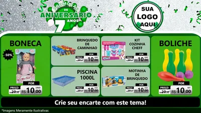 Modelo de TV para TV Horizontal com o tema Promoção de Aniversário - 7 Anos para Brinquedos