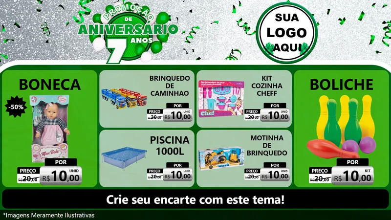 Modelo de TV para TV Horizontal com o tema Promoção de Aniversário - 7 Anos para Brinquedos