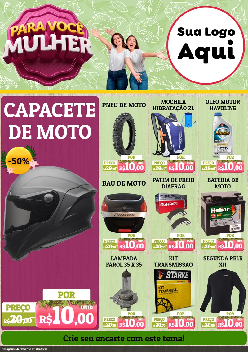 Modelo de Encarte para Encarte A4 Vertical com o tema Para Você Mulher para Moto peças