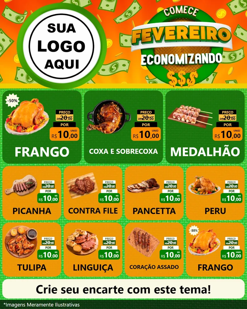 Modelo de Rede Social para Feed Instagram com o tema Comece Fevereiro Economizando para Assados