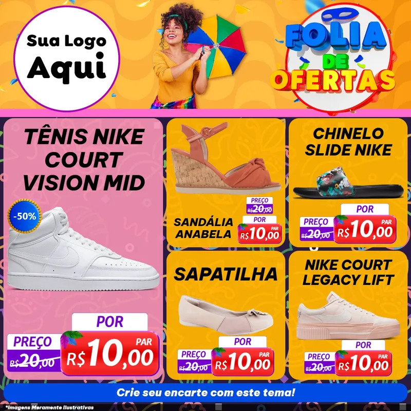 Modelo de Rede Social para Feed Facebook com o tema Folia de Ofertas para Calçados