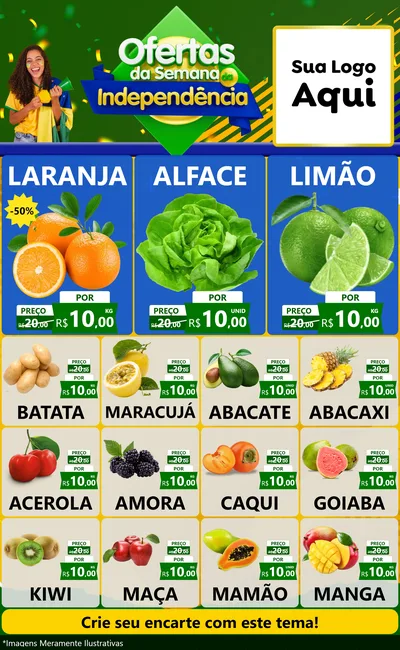 Modelo de Encarte para Encarte Grande com o tema Ofertas da Semana da Independência para Hortifrúti