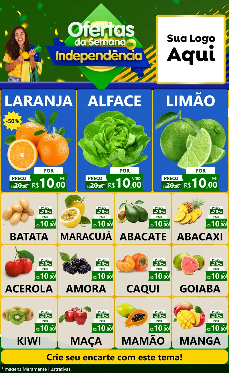 Modelo de Encarte para Encarte Grande com o tema Ofertas da Semana da Independência para Hortifrúti