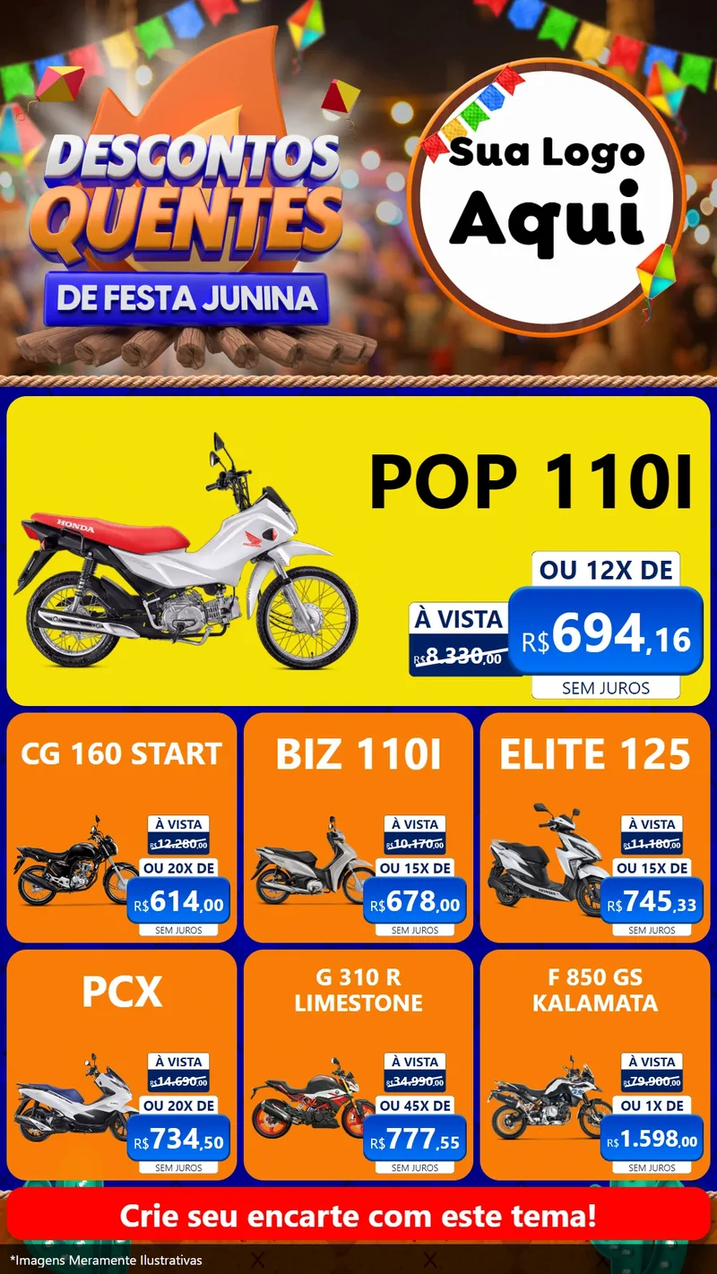 Modelo de Rede Social para Stories com o tema Descontos Quentes de Festa Junina para Concessionaria de Motos