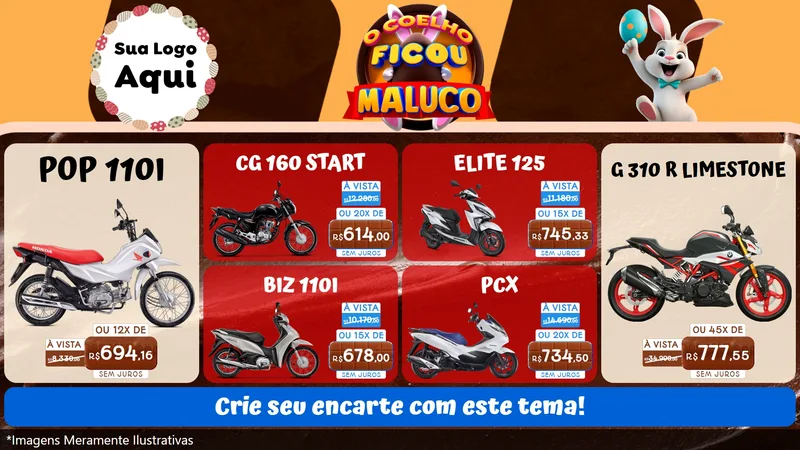Modelo de TV para TV Horizontal com o tema O Coelho Ficou Maluco - Páscoa para Concessionaria de Motos