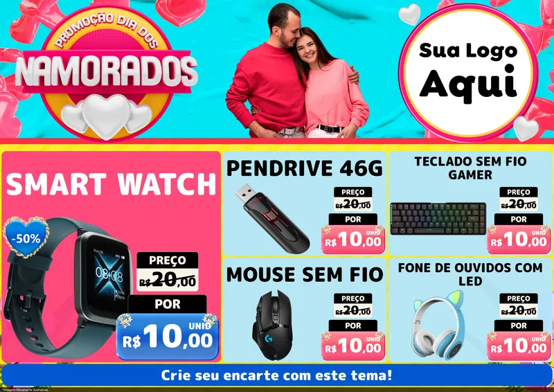 Modelo de Encarte para Encarte A4 Horizontal com o tema Promoção Dia dos Namorados para Informática