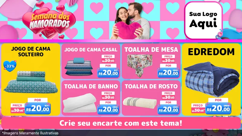 Modelo de TV para TV Horizontal com o tema Semana dos Namorados para Cama, Mesa e Banho