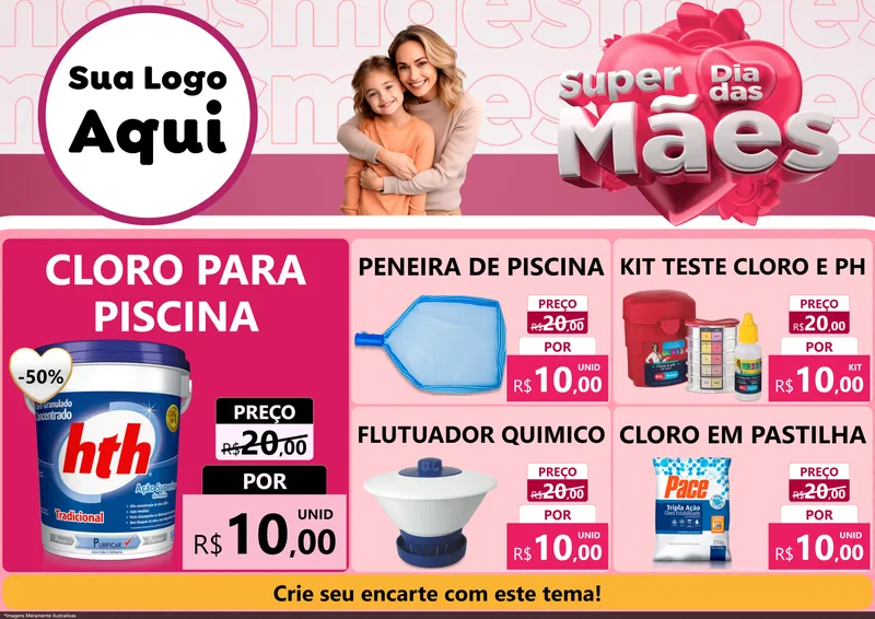 Modelo de Encarte para Encarte A4 Horizontal com o tema Super Dia Das Mães para Produtos para Piscina