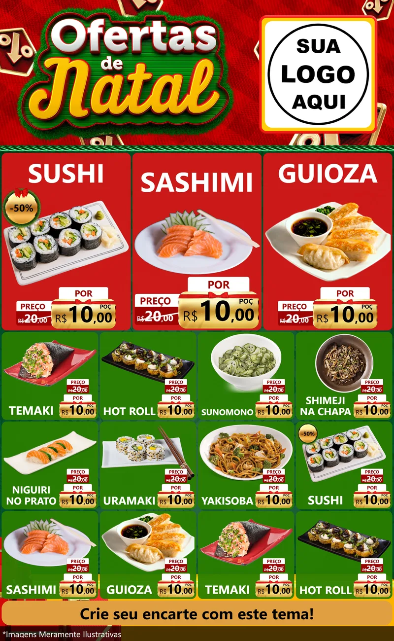 Modelo de Encarte para Encarte Grande com o tema Ofertas de Natal para Comida japonesa