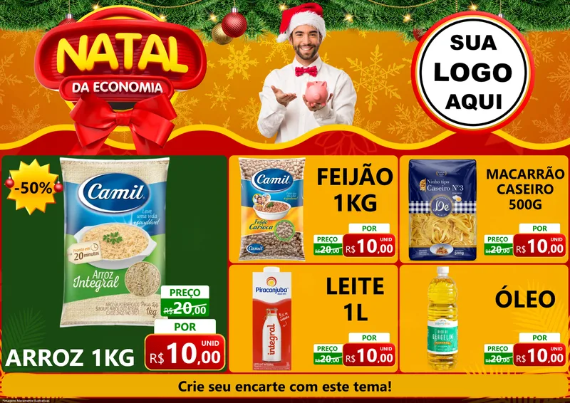 Modelo de Encarte para Encarte A4 Horizontal com o tema Natal da Economia para Supermercado